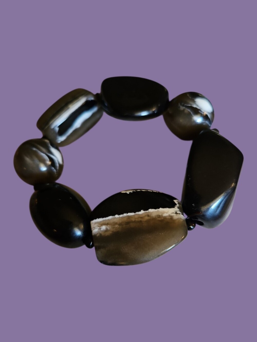 Vintage Chunky Black and Gray Acrylic Faux Stone Stretch Bracelet